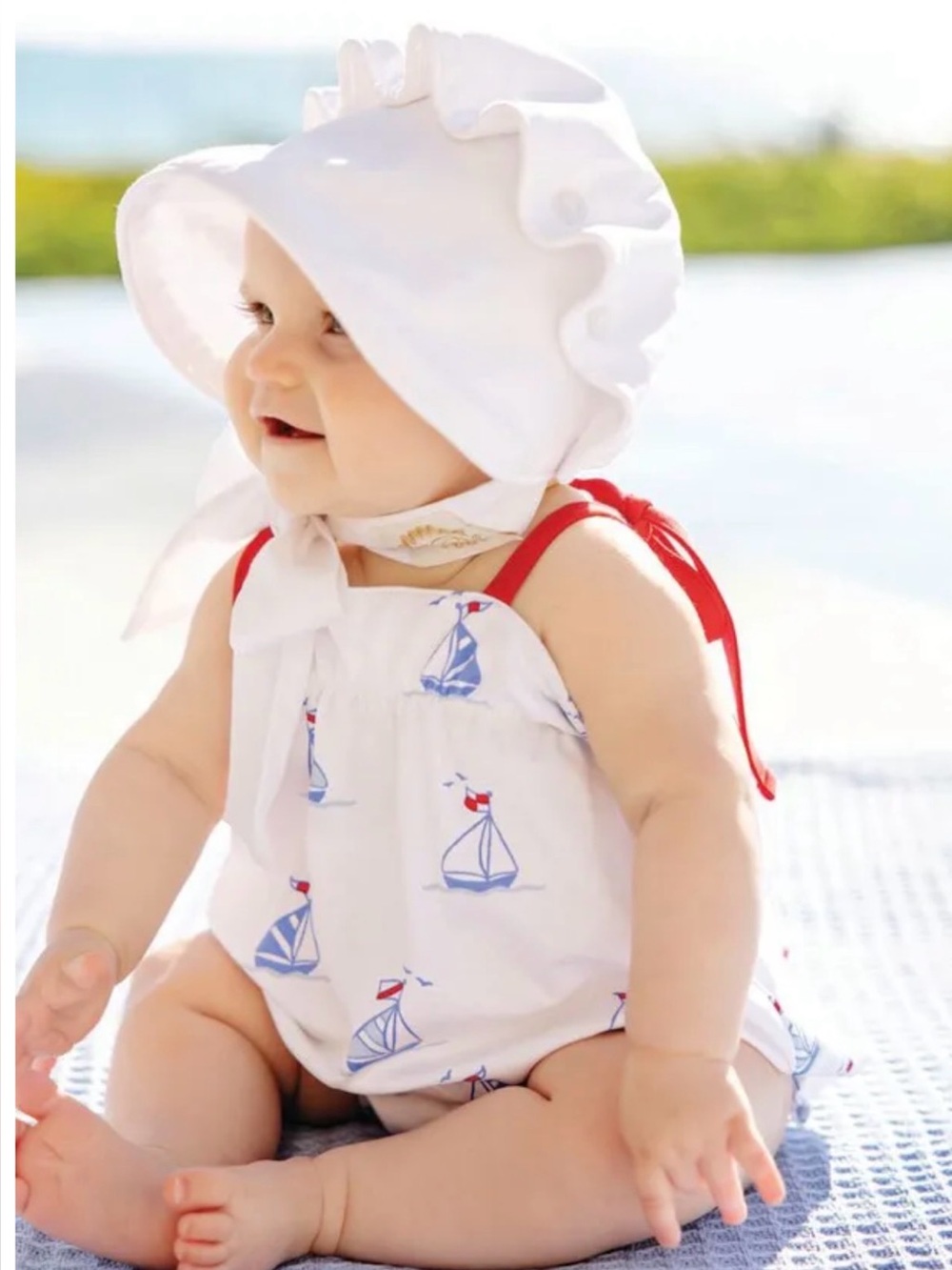 The Beaufort Bonnet Company Rosey Romper 6-9 months Chesapeake Bay boats so cute